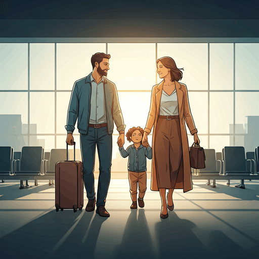 Joyful family walking through airport