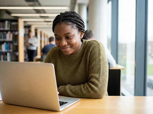 Authentic young student in library focused on laptop